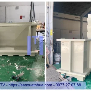 Hình ảnh ghép quá trình thợ gia công hàn và thử nghiệm xả nước bể nhựa nuôi cá