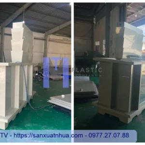 Hình ảnh ghép các góc nhìn chi tiết của bể nhựa nuôi cá có mặt kính và hệ thống lọc