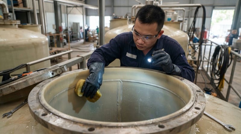 Kiểm tra kỹ lưỡng mối hàn và bề mặt nhựa PP bên trong bồn trong quá trình vệ sinh bảo trì