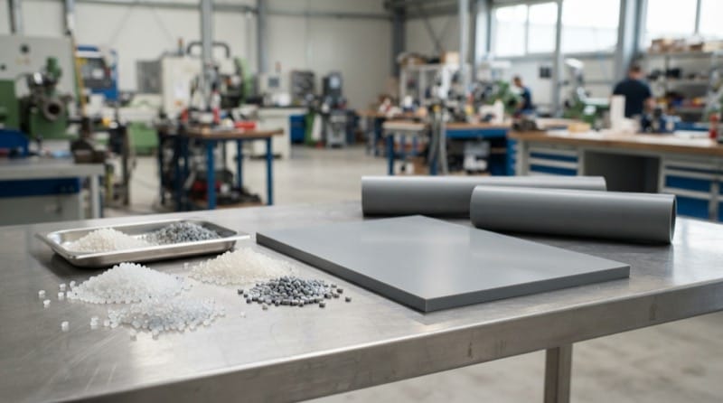 Hạt nhựa polymer nguyên liệu đặt cạnh tấm nhựa và ống nhựa kỹ thuật gia công công nghiệp