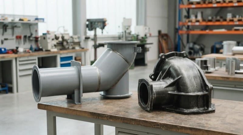 Sản phẩm gia công từ nhựa nhiệt dẻo PP PVC đặt cạnh cấu kiện đúc composite từ nhựa nhiệt rắn trong xưởng kỹ thuật