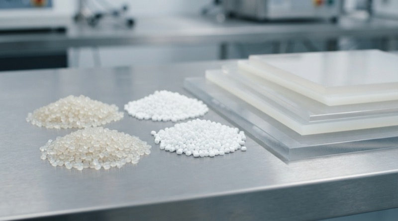 Các mẫu hạt nhựa polymer nguyên sinh và tấm nhựa kỹ thuật khác nhau trên bàn kiểm tra vật liệu