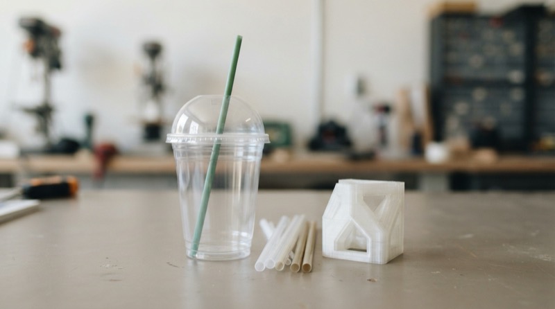 Các ứng dụng phổ biến của nhựa PLA gồm ly trong suốt, ống hút sinh học và chi tiết in 3D