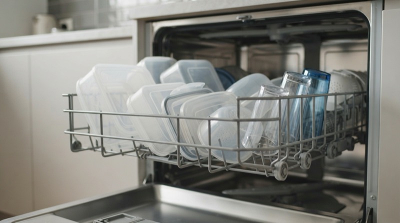 Cách xếp hộp nhựa và nắp nhựa úp nghiêng trên ngăn trên của máy rửa bát