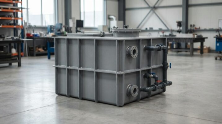 Gia công bồn nhựa tấm PP chữ nhật theo yêu cầu với gân tăng cứng và đầu nối kỹ thuật