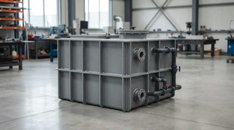 Gia công bồn nhựa tấm PP chữ nhật theo yêu cầu với gân tăng cứng và đầu nối kỹ thuật