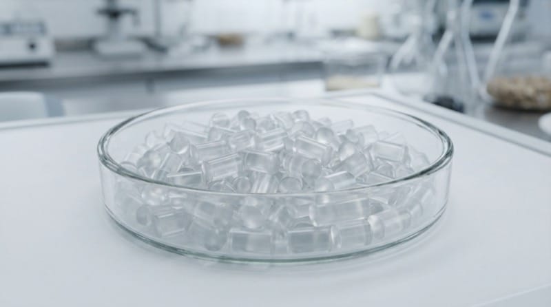Cận cảnh các hạt nhựa polymer nguyên sinh dạng hạt đồng đều trên đĩa kiểm nghiệm kỹ thuật
