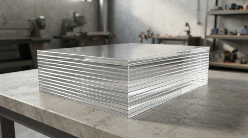 Tấm nhựa PMMA mica trong suốt gia công chất lượng cao xếp gọn trên bàn kỹ thuật